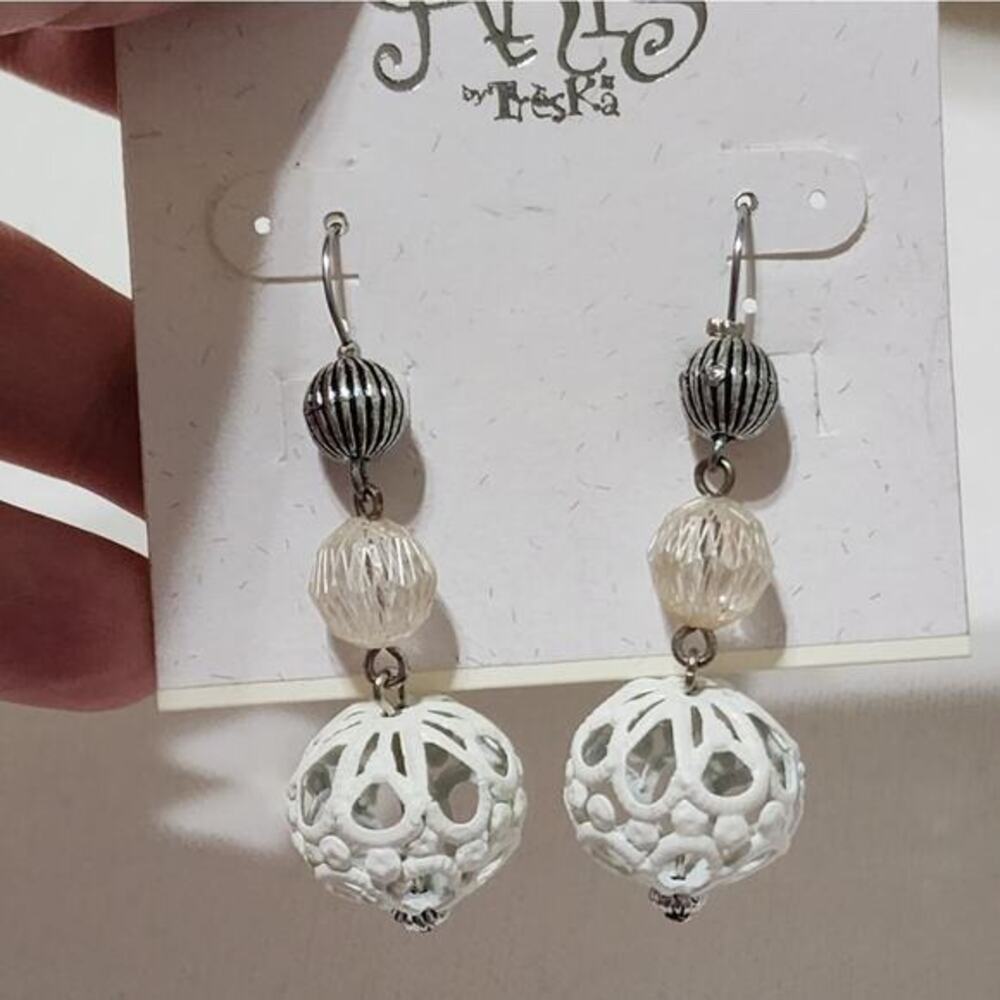 Aris by Treska White Filigree Orb Drop Earrings Silver Tone Multi Bead Dangle